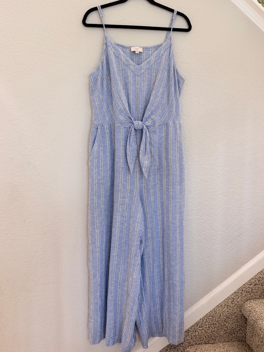 LOFT Outlet Striped Linen Blend Tie Front Jumpsuit Wide Leg Size Large